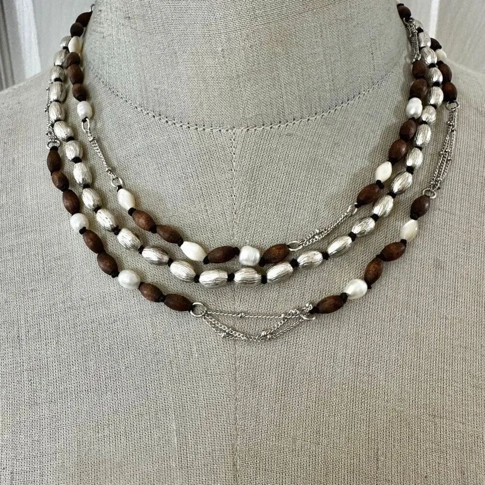 Sigrid Olsen Multi-Strand Wood, Silver-Tone & Freshwater Pearl Necklace